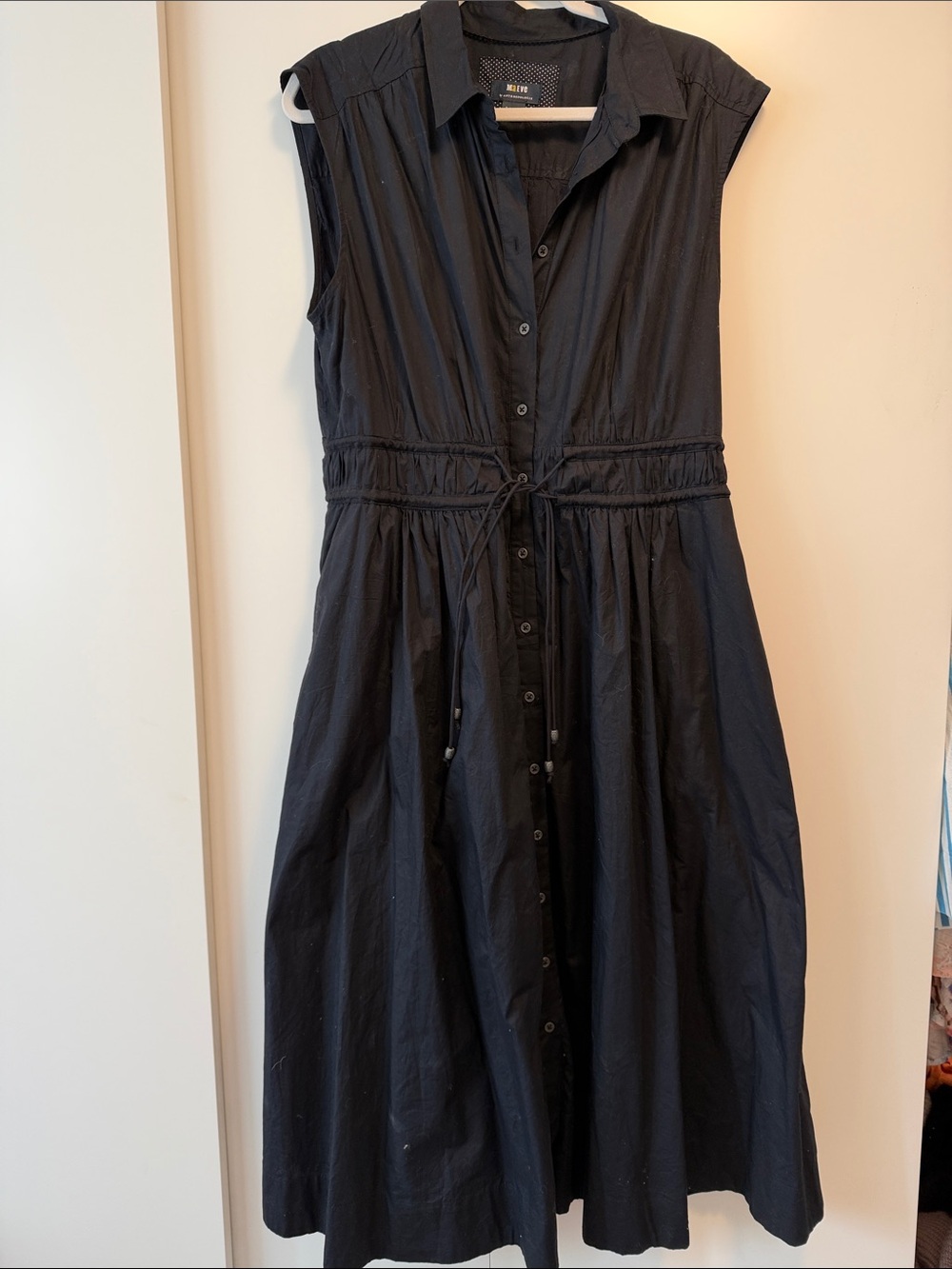 Anthropologie Black Sleeveless Button-Front Midi Dress with Drawstring Waist